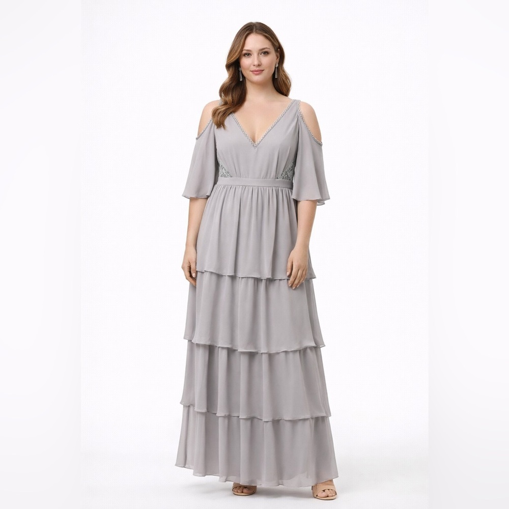 Boutique 1861 Grey Chiffon Maxi Dress Tiered Lace Wedding Guest Mother of Bride